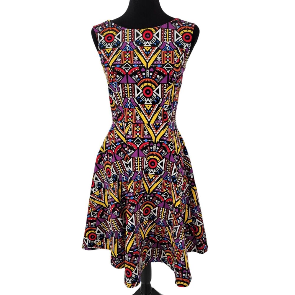 Hanpceirs Dress Womens Medium Geo Print Swing Colorful Zip Back Retro Cocktail